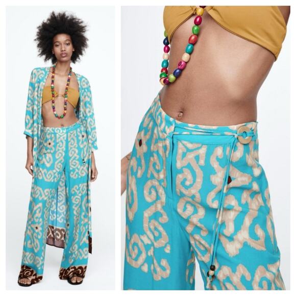 NWT Zara Flowy Printed Wide Leg Pants Womens Large Teal Boho Festival Hippie - Picture 1 of 12